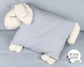 Kuschelkissen Schlafschaf Bobeli mit Namen - Graues Vichy-Karo 80 - SCHAFKIND