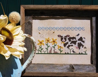 PAPER CHART - Eeny Meeny Miny Moo Buttonwood Farm Series #2 cross stitch design pattern chart Vintage NeedleArts flower sunflowers cow