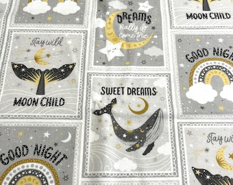 PER YARD ~ 3 Wishes Flannel Fabric Stay Wild Moon Child ~ 100% cotton ~ gray and yellow rainbows moon stars whales