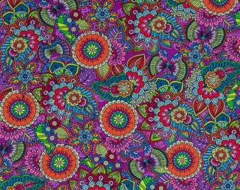 PER YARD ~ Butterfly Floral Cotton Calico Fabric ~ quilter's cotton bright colored flowers and leaves mandala