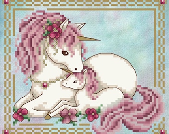 PAPER CHART - Aurora by Shannon Christine Designs cross stitch chart design colorful bright whimsical unicorn mom and baby nursery decor