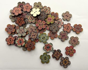Wooden Boho Small Flower #2 Buttons (6 per package) - each package contains a random assortment of various colors and patterns