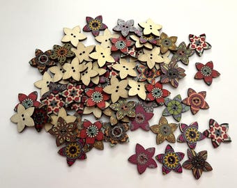 Boho Star Flower Wood Buttons (BTN-37) - pack of 6 - contains a random assortment of various colors and patterns