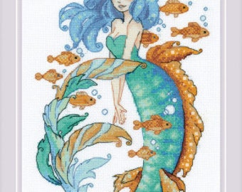 KIT - Little Mermaid Aquamarine counted cross stitch kit from Riolis ocean fish mermaid