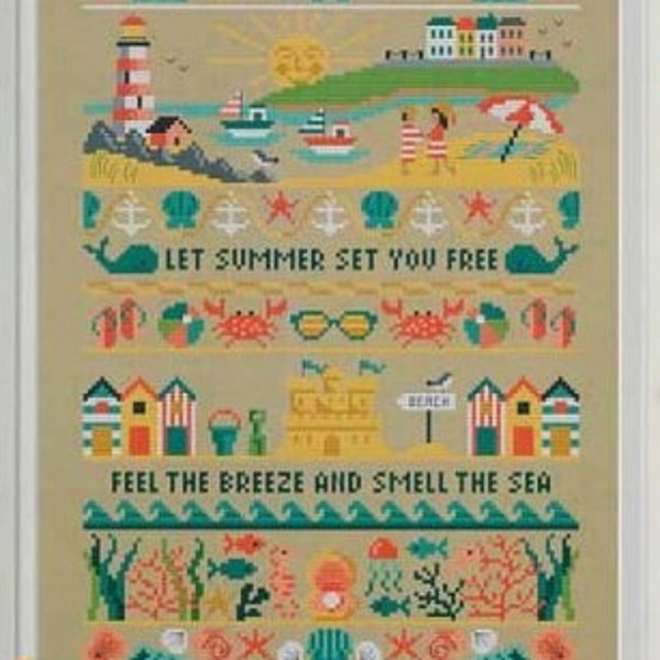 Summer Band Sampler by Tiny Modernist cross stitch chart design "Let summer set you free feel the breeze and smell the sea" ocean beach sea