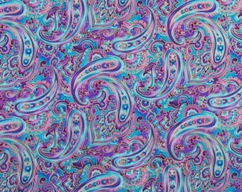 PER YARD ~ Blue Paisley Cotton Calico Fabric ~ quilter's cotton purple blue gold