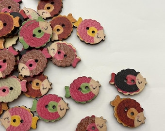 Wooden Boho Puffer Fish Buttons (6 per package) - each package contains a random assortment of various colors and patterns