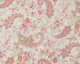 PER YARD ~ Rose Paisley Cotton Calico Fabric ~ quilter's cotton pink and green flowers on an ivory background shabby chic