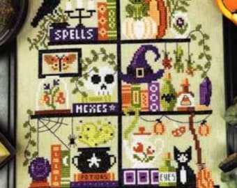 PAPER CHART - The Witch's Kitchen by Tiny Modernist cross stitch chart design Halloween October 31st pumpkin