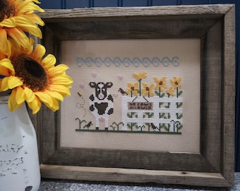 PDF Looking for Lunch in all the Wrong Places Buttonwood Farm Series #3 cross stitch design pattern chart Vintage NeedleArts sunflowers cow