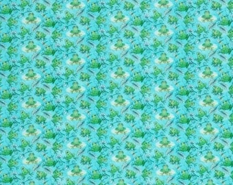 Happy Frogs Calico Fabric from Laurie Campbell/Fabric Traditions ~ 100% quilter's cotton aqua background with flowers sewing quilting