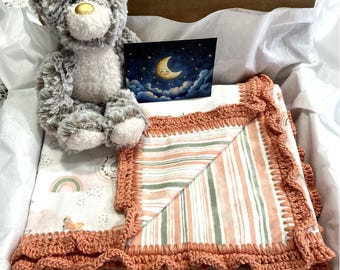 Baby/Toddler Blanket from Little Moon Designs ~ large size double sided with a hand crocheted ruffle edge