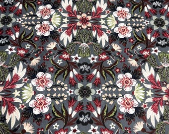 PER YARD ~ Luxe Cotton Flannel Symmetrical Pink Flowers Fabric ~ 100% cotton - brushed for softness various pink flowers on gray background