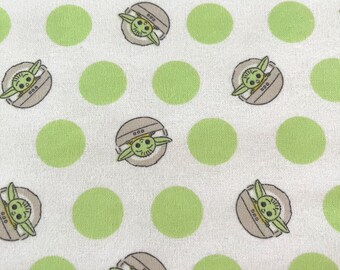 PER YARD ~ Camelot Fabrics Baby Yoda Flannel Fabric ~ 100% cotton The Mandalorian Star Wars licensed Lucas Films big green polka dots