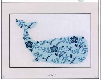 PAPER CHART - Turquoise Whale from Cotton Pixels - cross stitch chart design primitive ocean nautical coastal whale flowers floral