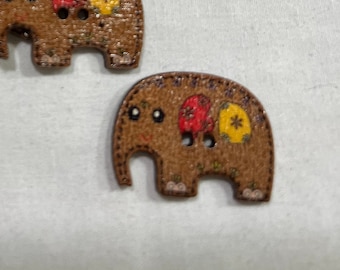 Brown Boho Elephant Wood Button from Vintage NeedleArts painted wood 1" wide primitive embellishment decoration