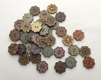 Wooden Boho Small Flower #3 Buttons (6 per package) - each package contains a random assortment of various colors and patterns