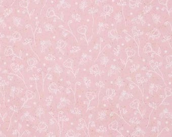 PER YARD ~ Pink and White Line Art Floral Cotton Calico Fabric ~ quilter's cotton white flowers on a pink background
