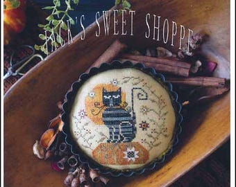 PAPER CHART - Jack's Sweet Shoppe: Olga's Tart from Plum Street Samplers - cross stitch chart design primitive cat Halloween Autumn fall