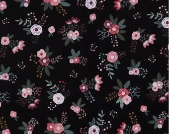 PER YARD ~ Sweet Floral on Black Cotton Calico Fabric ~ quilter's cotton shabby chic pink flowers on a black background