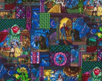 PER YARD ~ Belle Stained Glass Cotton Calico Fabric ~ quilter's cotton Disney Beauty and the Beast fairytale