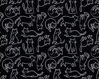 PER YARD ~ Meow Black Felines ~ 100% cotton sewing quilting fabric white outline drawing of cats on black background