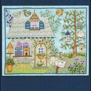PAPIERKAART - The Nesting Place by Imaginating kruissteekkaart patroon grillige sampler bloemen tuin biedingen vogelhuisje huisje