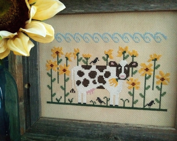 Featured listing image: PAPER CHART - Brunch at Buttonwood Farm (Series #1) cross stitch design pattern chart Vintage NeedleArts flower sunflowers cow whimsical