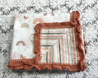 Baby/Toddler Blanket from Little Moon Designs ~ large size double sided with a hand crocheted ruffle edge