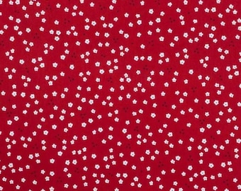 PER YARD ~ Mini Red Flower Cotton Calico Fabric ~ quilter's cotton white flowers with black polka dots on a red background