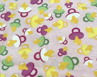 PER YARD ~ Pink Baby Pacifier Cotton Flannel Fabric ~ 100% cotton binky nursery girl