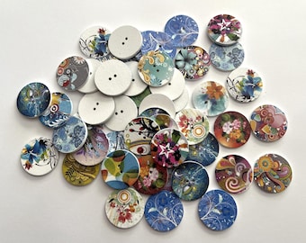 White Wood Buttons (BTN-06) - pack of 6 - contains a random assortment of various colors and patterns