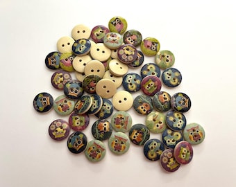 Owl Wood Buttons (BTN-38) - pack of 4 - contains a random assortment of various patterns
