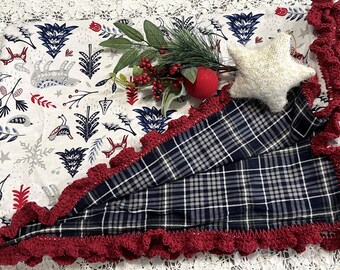 Christmas Lap Blanket from Little Moon Designs ~ large Adult size double sided with hand crocheted ruffle edge Olde World Christmas flannel