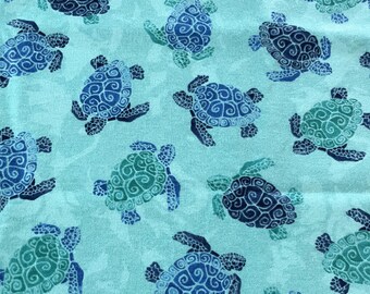 HALF YARD ~ Swimming Sea Turtles Flannel Fabric ~ 100% cotton - brushed for softness 18x42 inches turquoise blue ocean