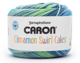 Yarnspirations Caron Cinnamon Swirl Cakes Yarn (Bay) ~ medium weight acrylic yarn variegated shades of blue and green