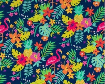 Tropical Leaf Flamingo Calico Fabric ~ 100% cotton for sewing and quilting
