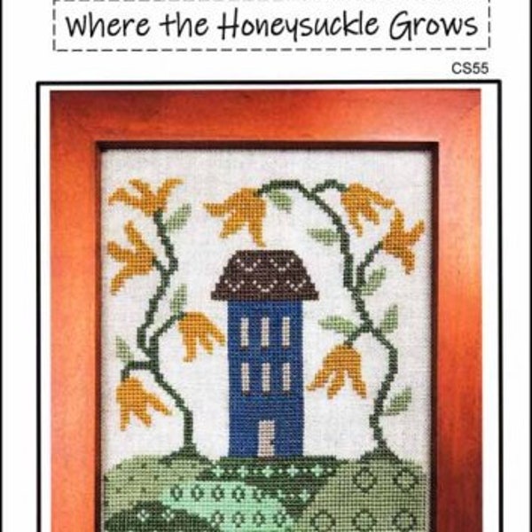 Where the Honeysuckle Grows by Three Sheep Studio cross stitch chart design primitive whimsical colonial farm house sunfowers garden