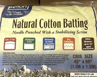Pellon Natural Cotton Batting ~ Crib Size 45" x 60" Loft 1/16" Natural/Off-white color pre-cut pre-packaged