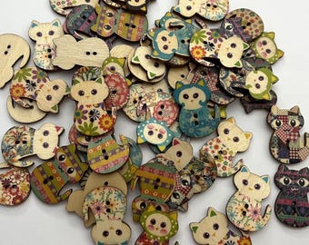 Boho Cat Wood Buttons (BTN-29) - pack of 4 - contains a random assortment of various colors and patterns