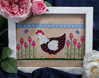 PDF Spring Chicken cross stitch design pattern chart Vintage NeedleArts flower country farm animals