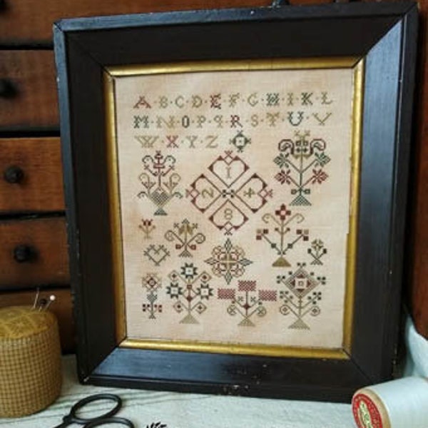 Handtuck Sampler by Threadwork Primitives cross stitch design chart pattern primitive sampler Pennsylvania German Quaker alphabet