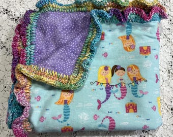 Baby/Toddler Blanket from Little Moon Designs ~ large size double sided with a hand crocheted ruffle edge