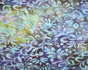 PER YARD ~ Purple Freesia Batik ~ 100% cotton sewing quilting fabric flowers blue green plum flowers