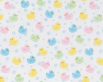 PER YARD ~ Rubber Duck Flannel Fabric from Brother Sister Design Studio ~ 100% cotton brushed for softness white bubble bath baby