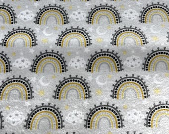 PER YARD ~ 3 Wishes Flannel Fabric Stay Wild Moon Child ~ 100% cotton gray and yellow rainbows crescent moon stars