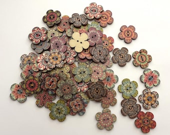 Wooden Boho Large Flower #2 Buttons (6 per package) - each package contains a random assortment of various colors and patterns