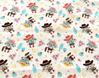 PER YARD ~ Kitty Cat Cowgirl on Pink flannel fabric ~ Eugene Textiles 100% cotton kitten cactus western on pink background