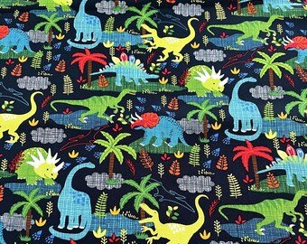 PER YARD ~ Hi-Fashion Fabrics Dinosaurs ~ 100% cotton sewing/quilting fabric rare out of print pre-historic Jurassic jungle navy background