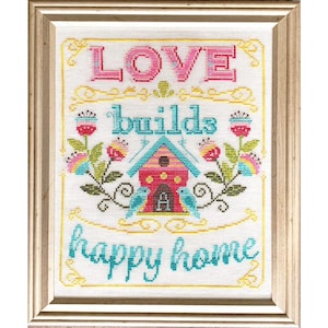 PAPIERKAART - Love Builds a Happy Home door Tiny modernistische kruissteekkaart ontwerp lente zomer citaat vogels vogelhuisje wijnstokken bloemen bloemen